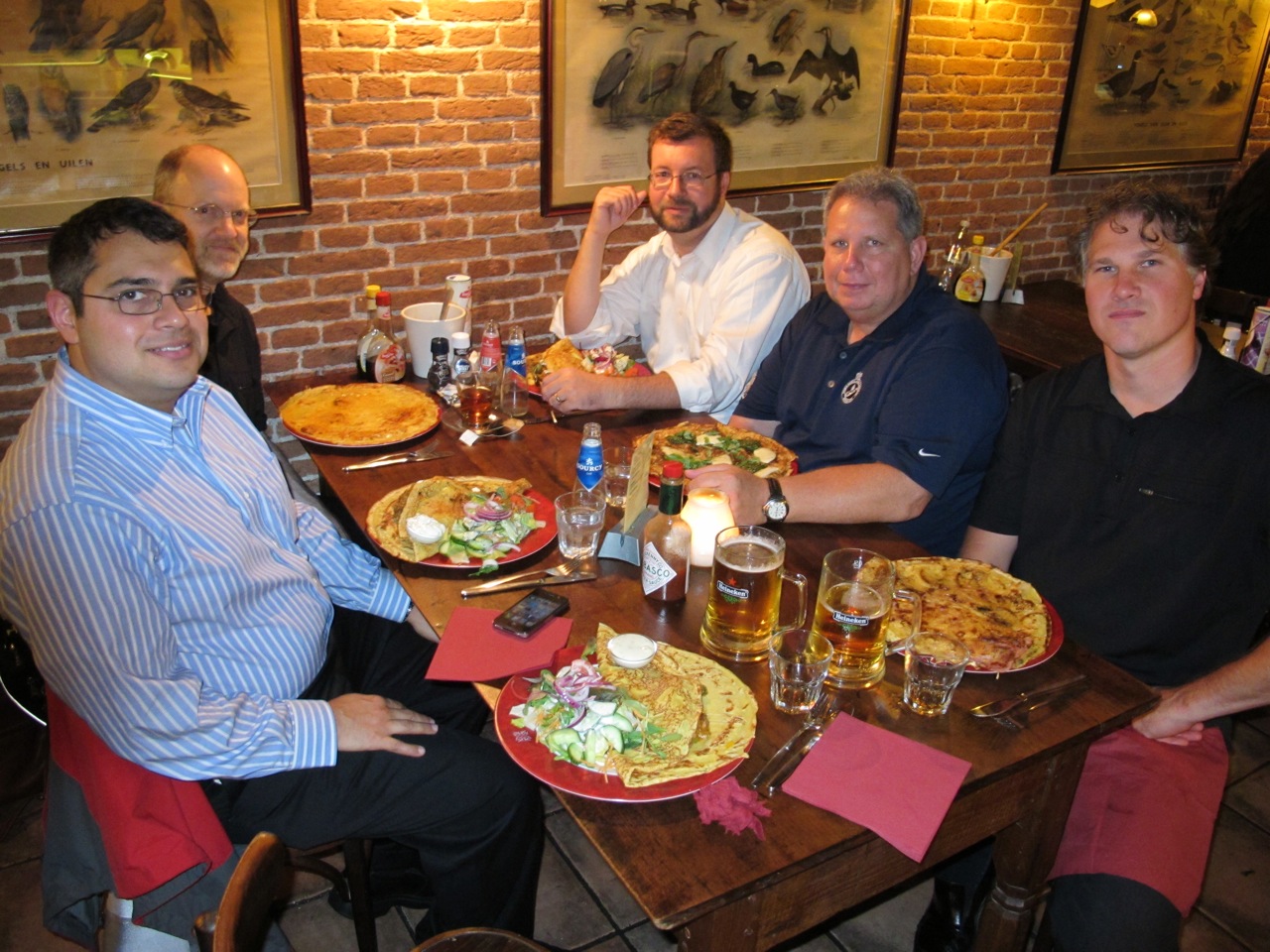 Smoke and a pancake? Well, maybe just a pancake, Dutch-style. From right to left: David Sayed, Microsoft; Chris Knowlton, Microsoft; Tim Siglin, Streaming Media; Mike Flathers, Sorenson Media; Tim Harader, Hypershow