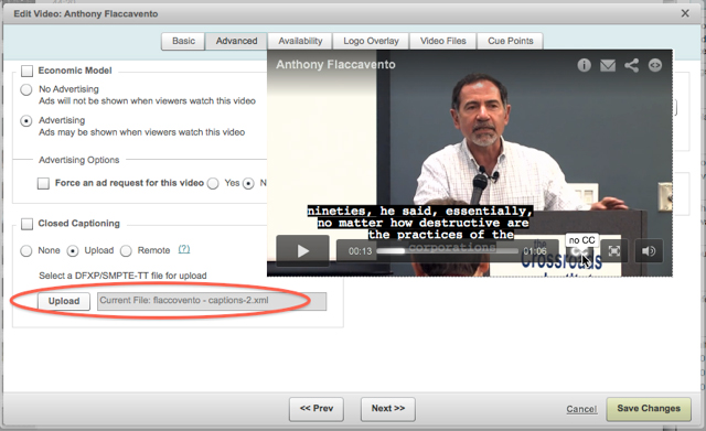 Captioning in Brightcove: The player is superimposed over the video properties control where you upload the caption file.